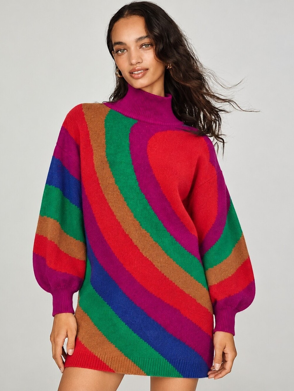 FARM Rio Rainbow Wild Hearts Sweater Mini Dress Multicolor Balloon Sleeve XS